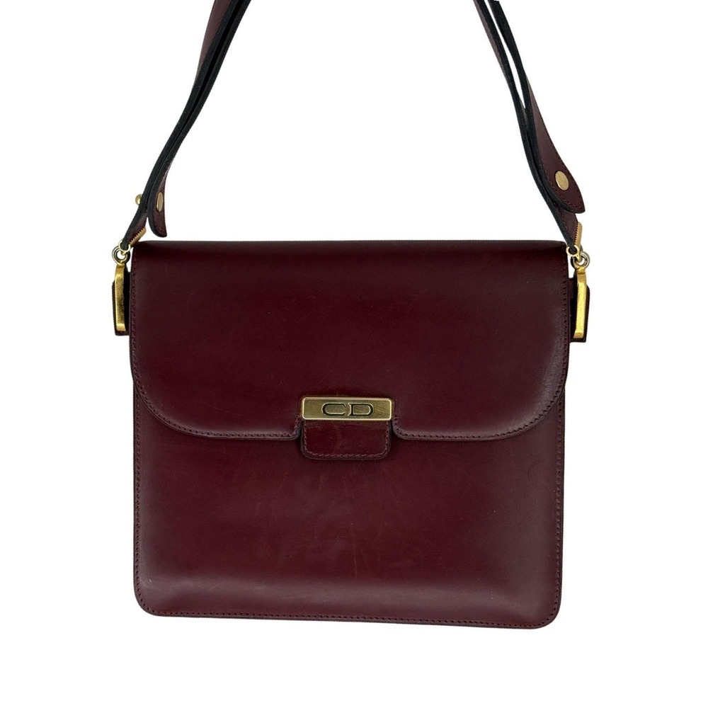 Vintage‎ Christian Dior Burgundy Leather Shoulder Box Bag CD Gold Accordion Flap